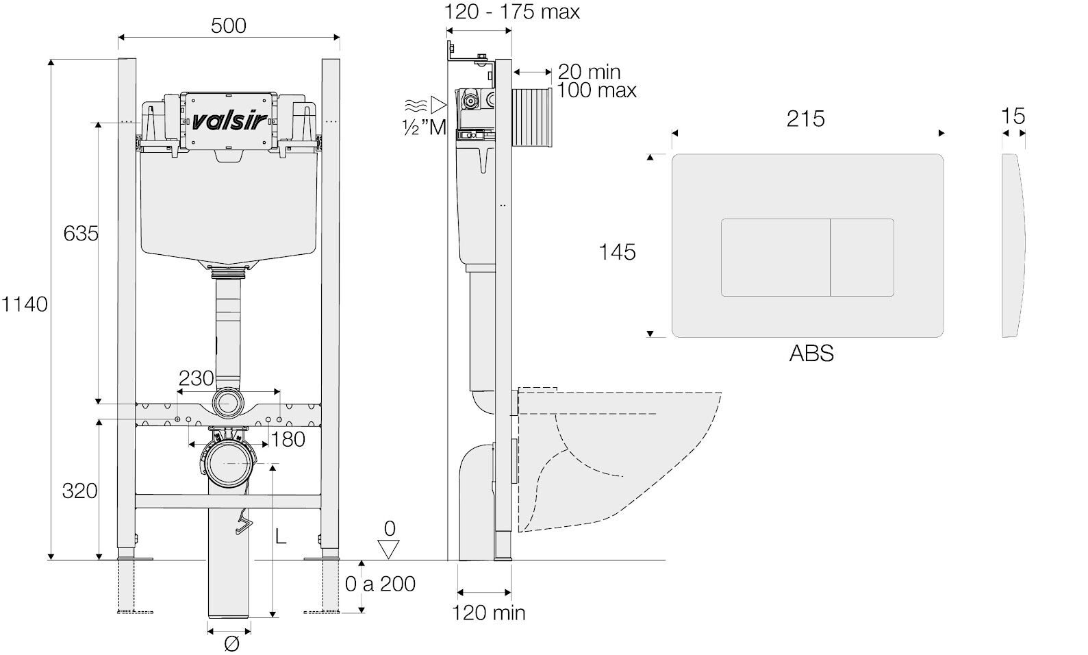 KIT P1 CrM VS0853202 Комплект инст.для унит. WINNER S BLOCK  H1140 D.90/110MEC, клавиша P1, ABS,матовый хром, VALSIR